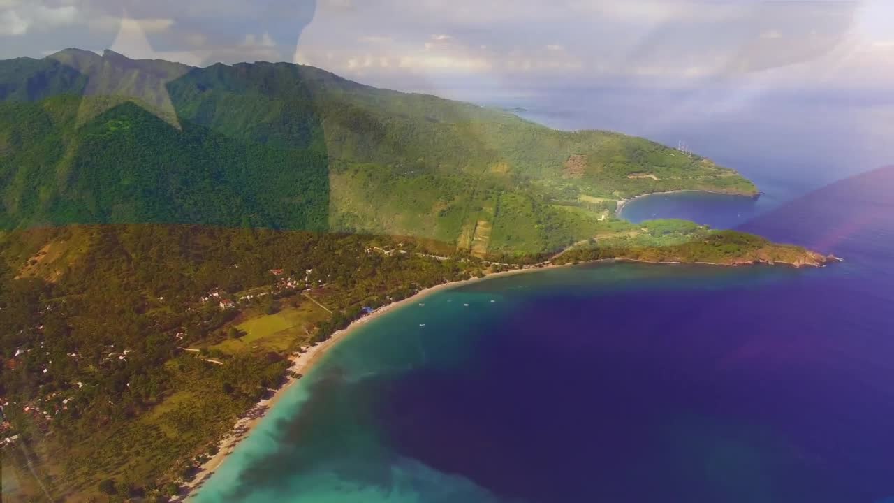 칠레의  ⁇ 발이 해변 해양 풍경 위에서 날아다니는 애니메이션