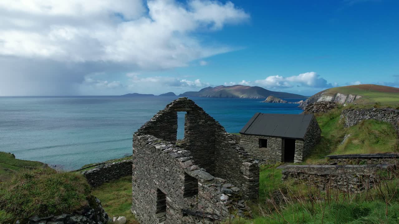 Ireland Epic Locations ruined farm overlooking Blasket Islands Slea Head Kerry autumn morning in romantic landscape