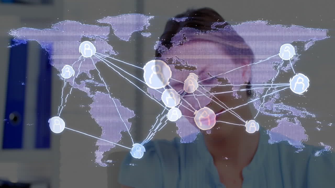 woman working at office desk, interacting with digital technology via world map overlay and nodes