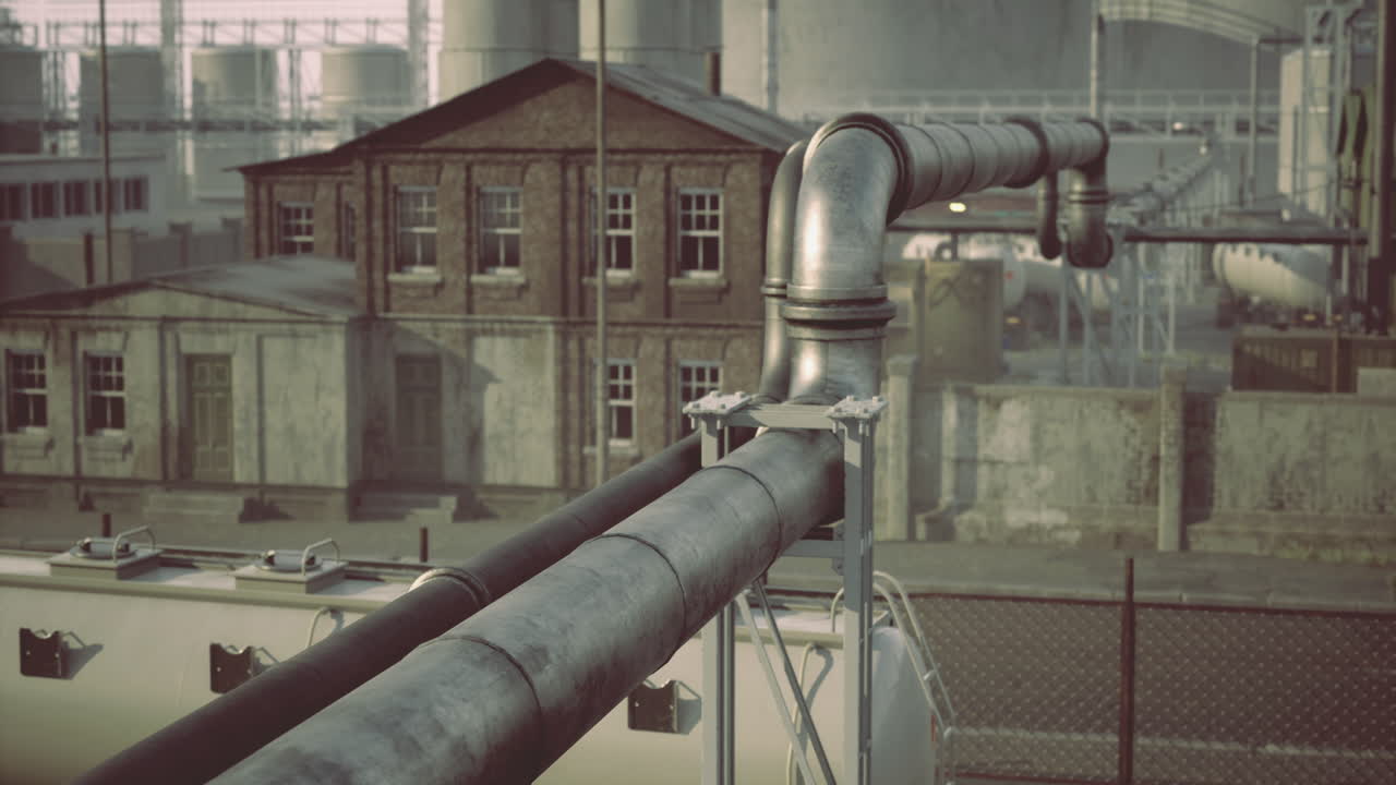Pipes running through an industrial site with buildings in the background