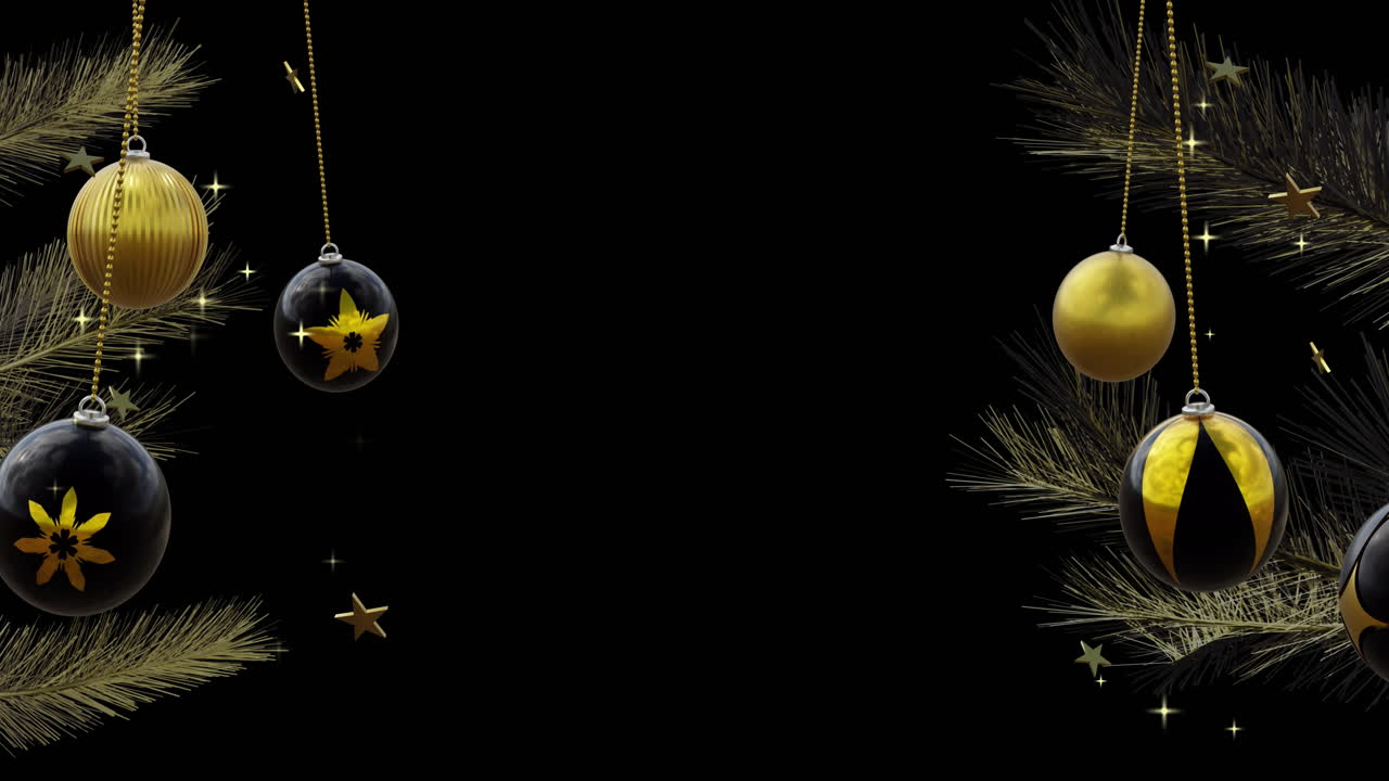 bolas negras y doradas balanceándose en dos árboles de navidad con estrellas doradas en negro, copia el espacio