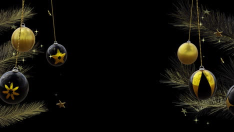 bolas negras y doradas balanceándose en dos árboles de navidad con estrellas doradas en negro, copia el espacio