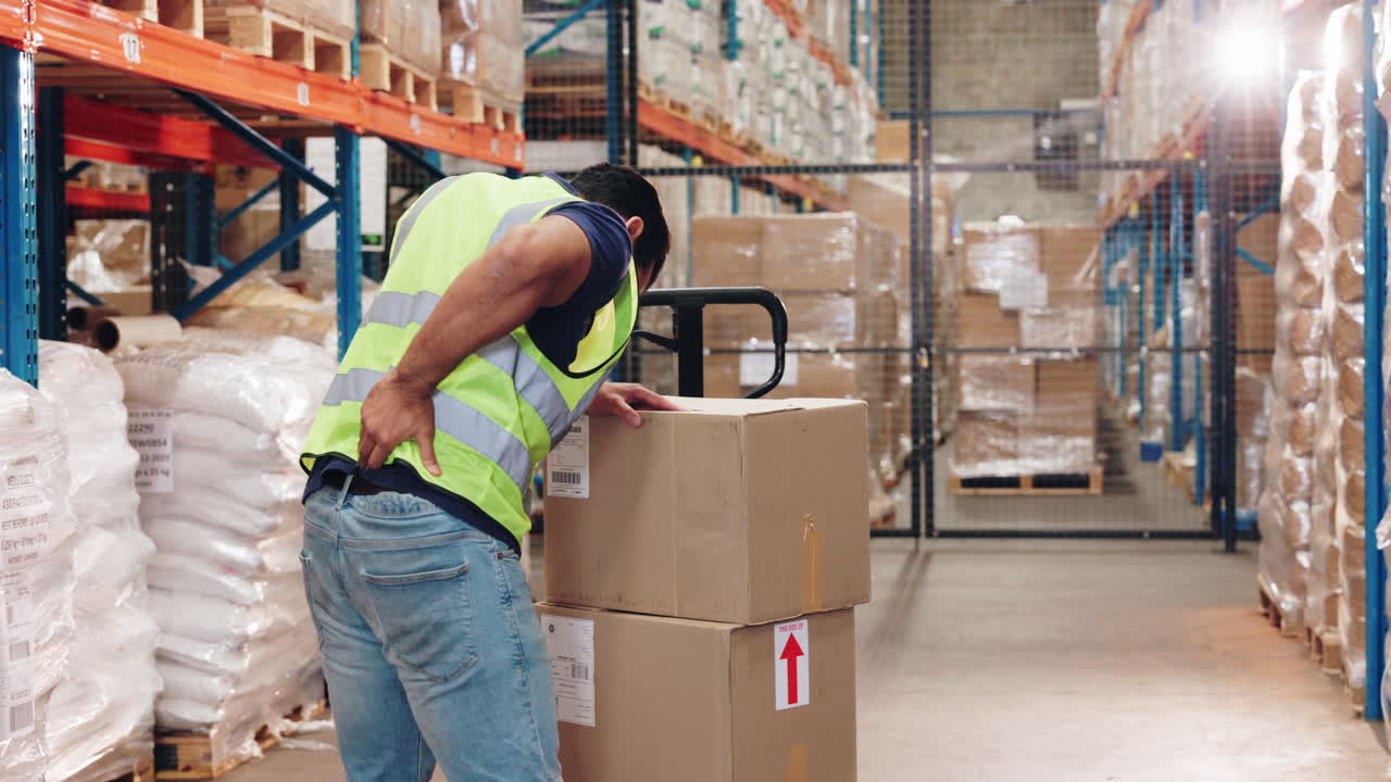 Warehouse worker experiencing back pain while lifting boxes