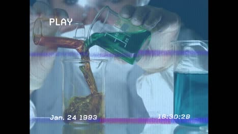 Animation-of-screen-with-glitch-over-hand-of-lab-worker-pouring-reagent-into-glass