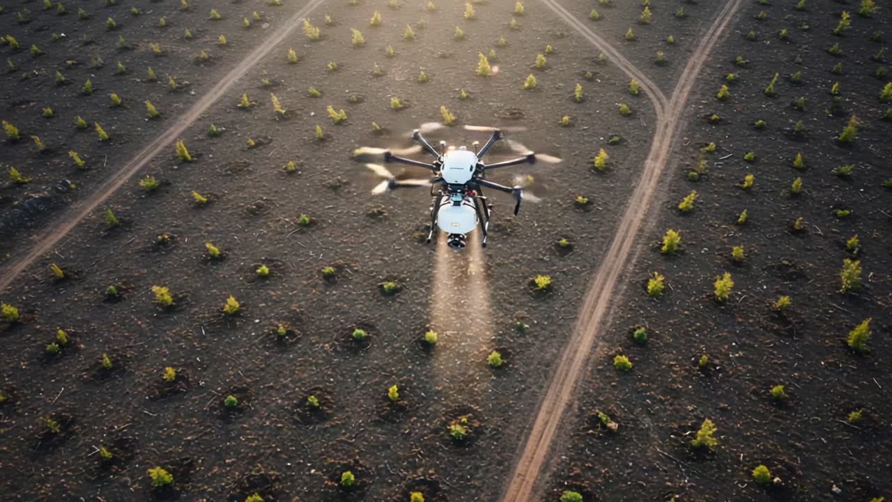 Aerial View of a Drone Dispensing Fertilizer Over Newly Planted Seedlings in a Field, Showcasing Technological Advancements in Agriculture and Precision Farming Practices