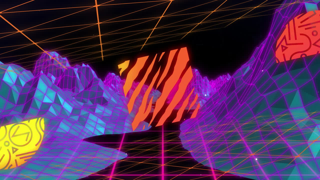 Geometric shapes and grid lines animation over neon-colored mountains