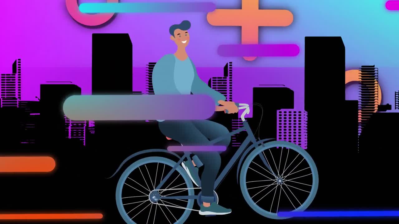 animación de un hombre feliz en bicicleta sobre la ciudad y las formas.