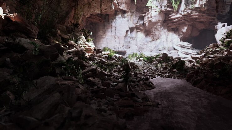 View from inside a dark cave with green plants and light on the exit