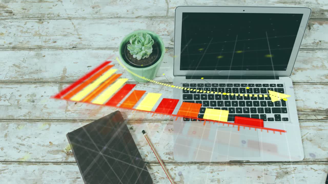 animación del procesamiento de datos estadísticos contra la planta, el diario y la computadora portátil en superficie de madera