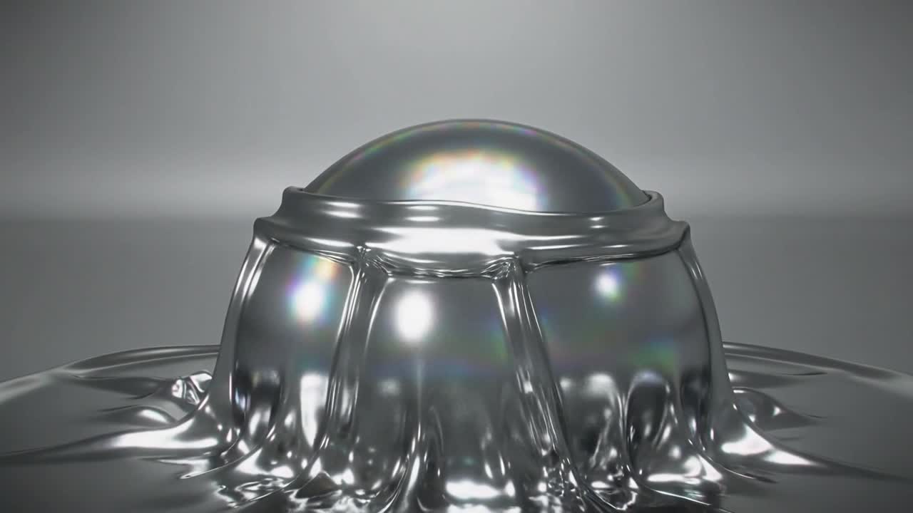 Chrome droplet rising from mirror plane, expanding into dome and forming sphere for design demo