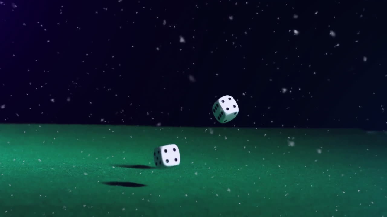 Terningkast-animation over grøn overflade med faldende snefnug