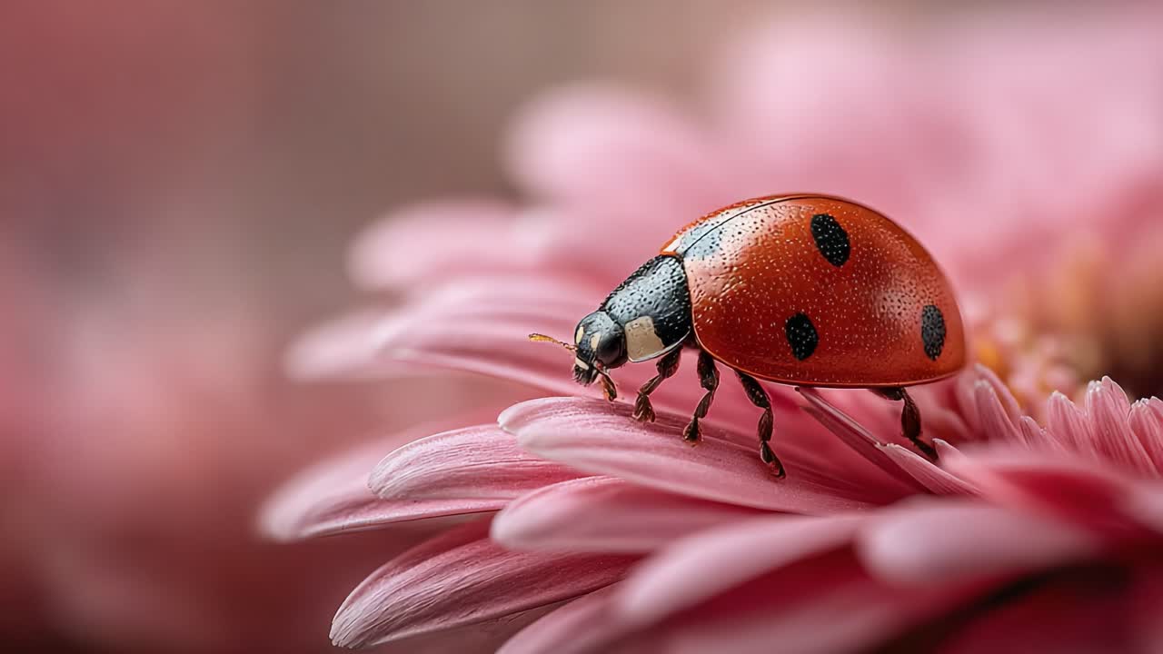 A close-up view of a ladybug perched delicately on a vibrant pink flower, showcasing intricate details of both the insect and the floral petals in a serene natural setting