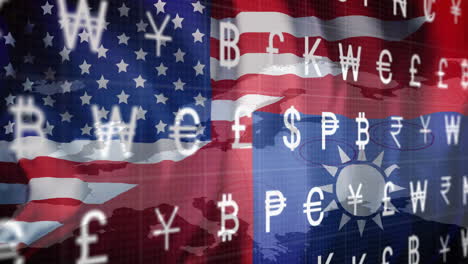 currency symbols animation over american and taiwanese flags