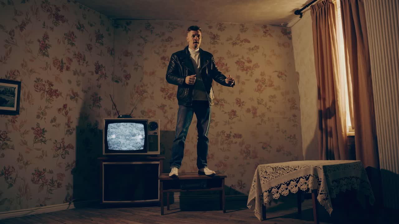 레트로 방에서 빈티지 레트로 스타일의 재을 입은 남자