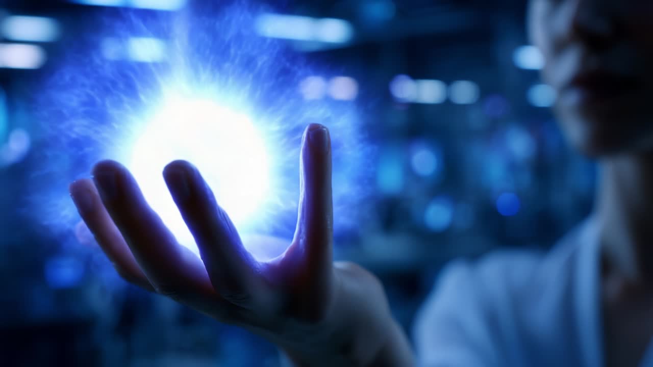 A person harnessing vibrant energy manifested as a glowing orb, emanating brilliance and power in a dynamic digital landscape, highlighting the intersection of human capability and futuristic technology