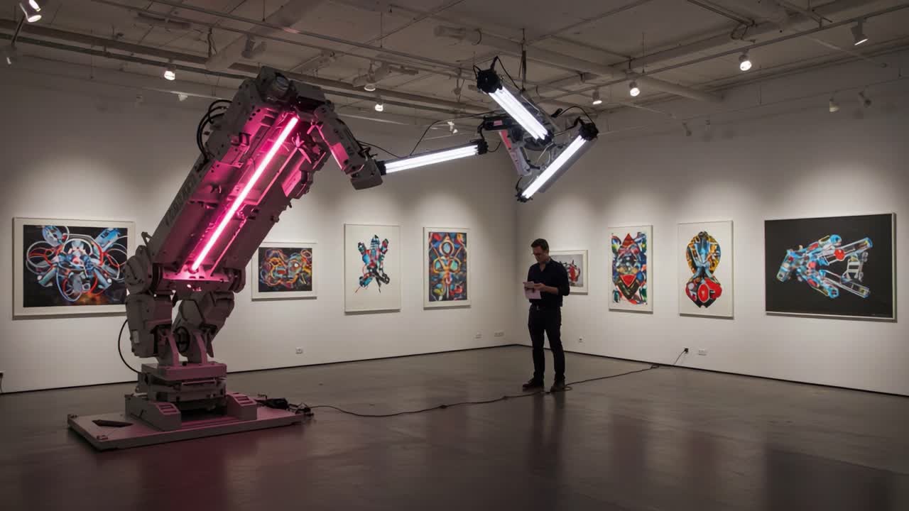 Exploring the Intersection of Art and Technology: A Robotic Arm Engaging with Vibrant Artwork in a Modern Gallery Setting