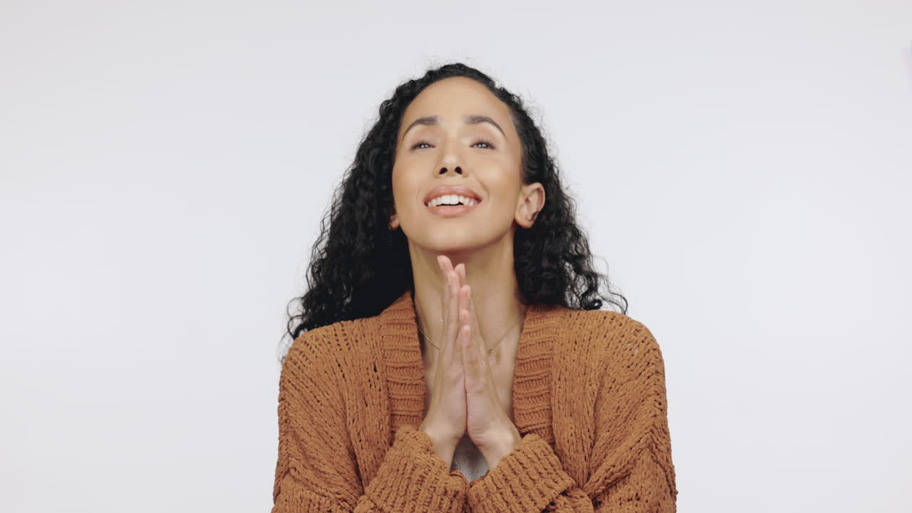 Anxiety, pray and woman expecting news isolated
