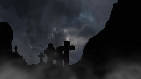 Mountain-cliffs-and-cemeteries-silhouetted-against-thunderstorm-background