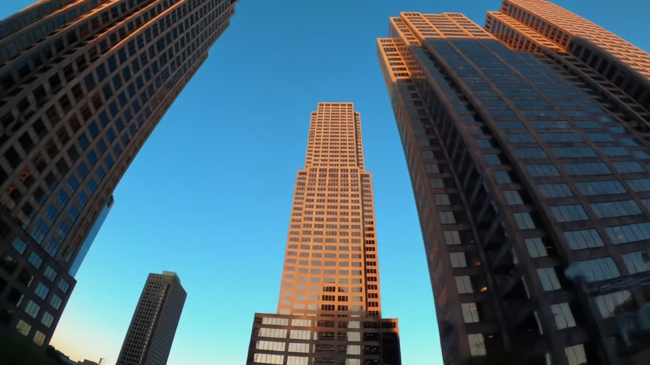 Stunning Urban Skyline at Dusk: A Captivating View of Modern Architecture with Reflective Glass Facades Surrounded by Towering Buildings Against a Clear Blue Sky
