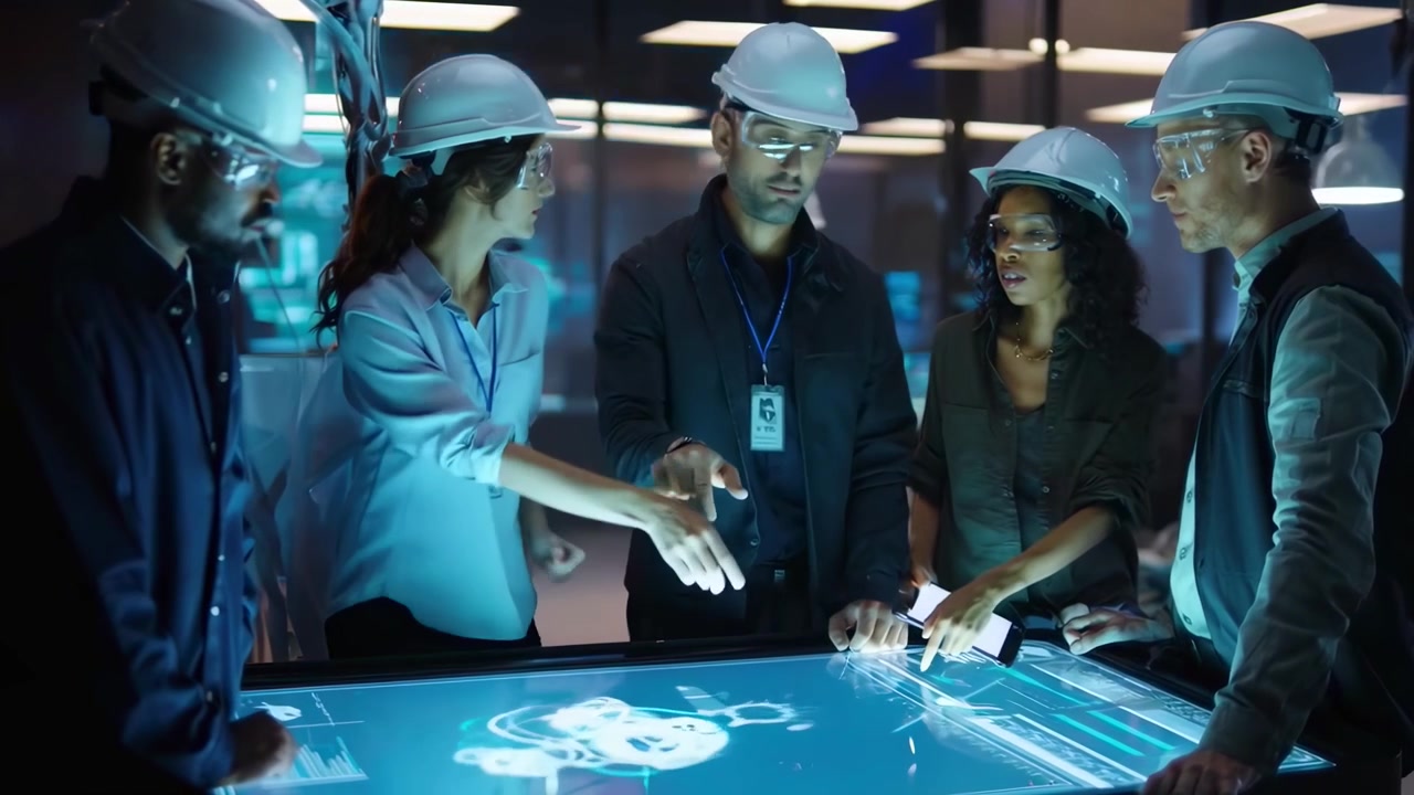 Diverse Engineering Team Collaborating on Digital Touchscreen Table
