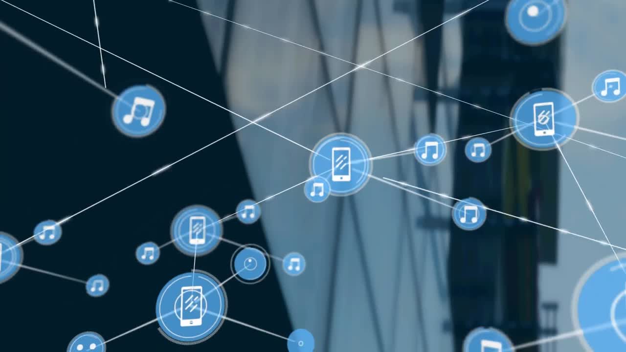 Animation of network of connections with icons over modern building