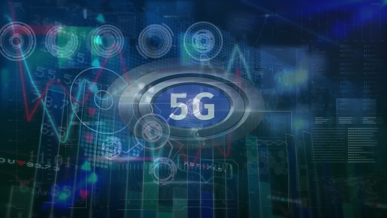 animazione di grafici e dati finanziari su 5g e schermo blu