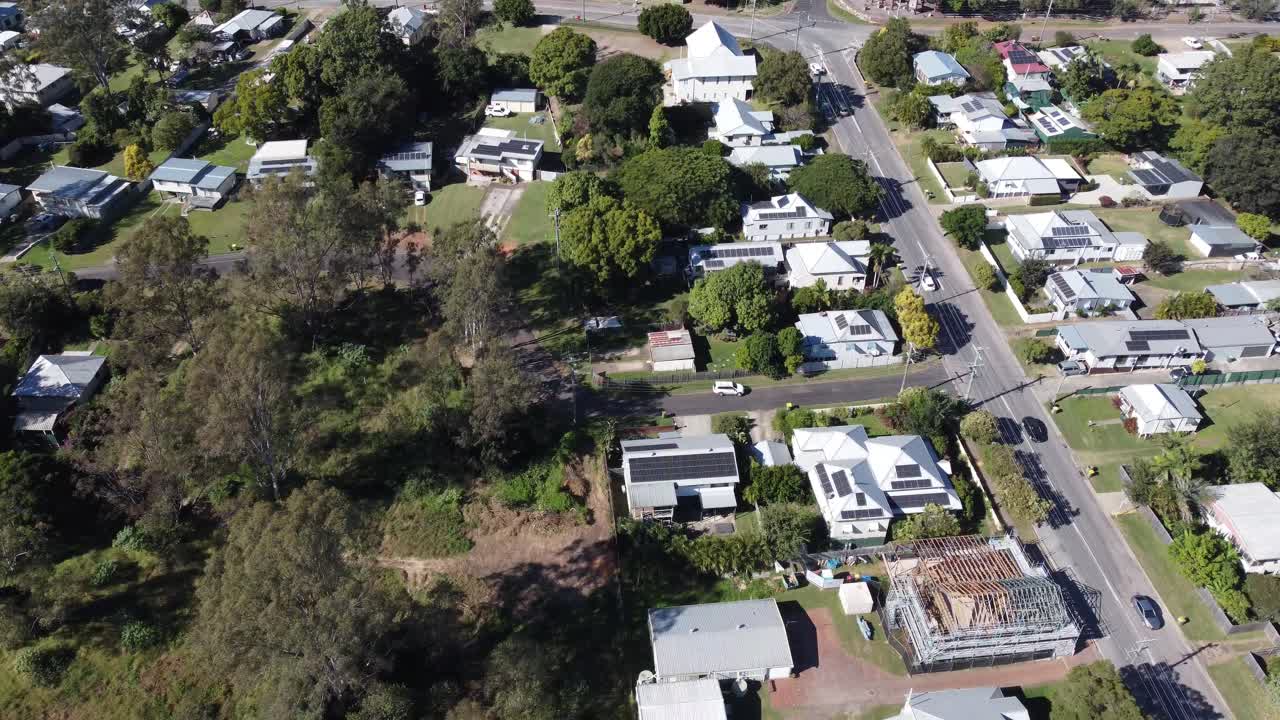 4K aerial view of a residential area with older homes in Ipswich, Australia