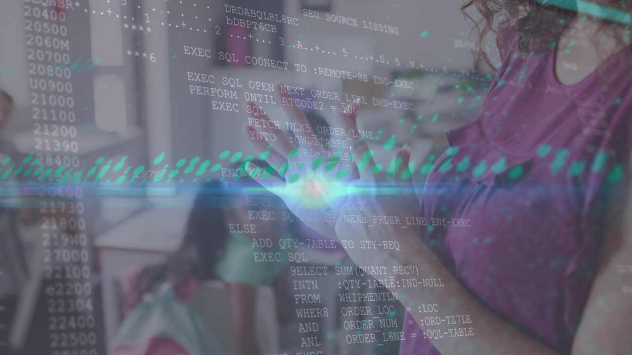 Animation of light moving over midsection of senior caucasian woman using walking with binary coding