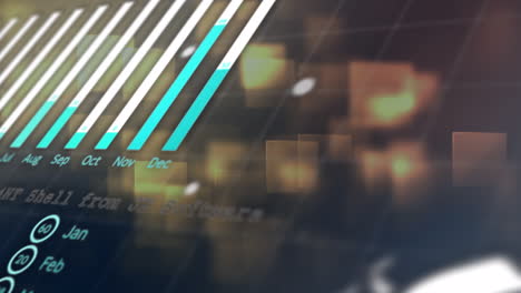 animation of interface with statistical data processing over square shapes against brown background