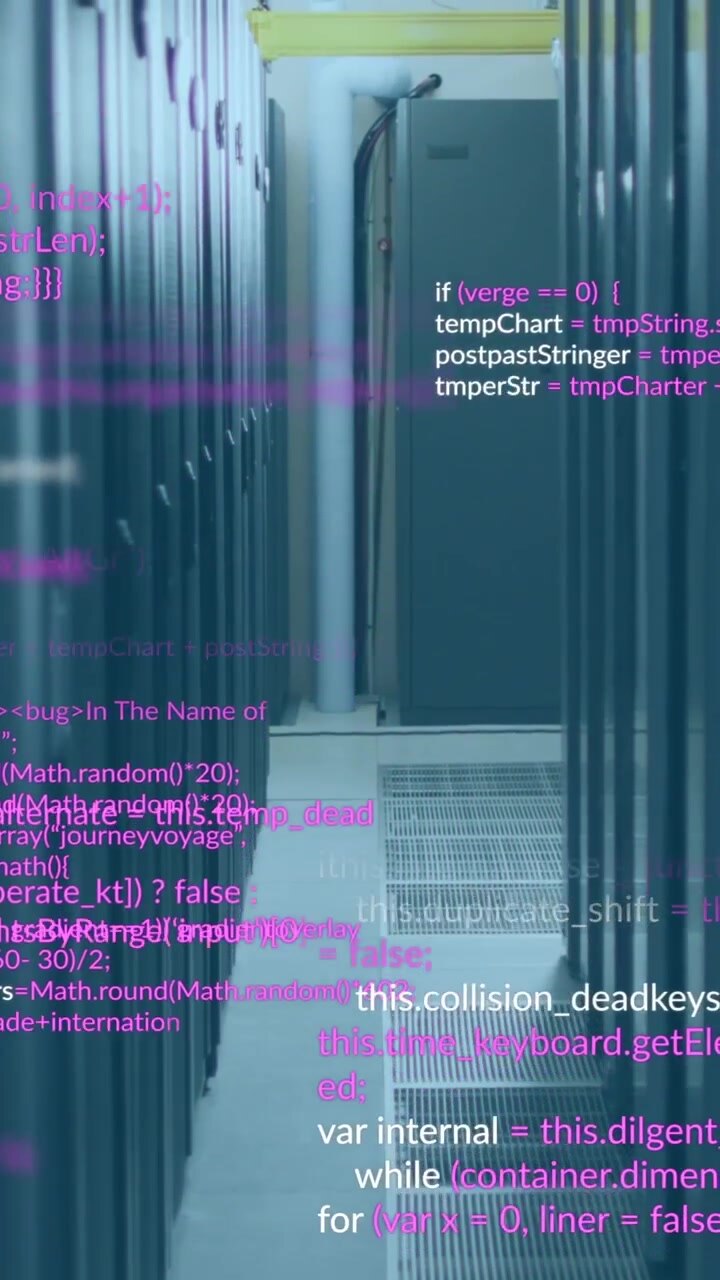Animation of multicolored computer language over data server racks in server room