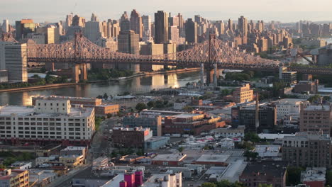 aerial view of the queensboro bridge at sunrise. shot in new york city