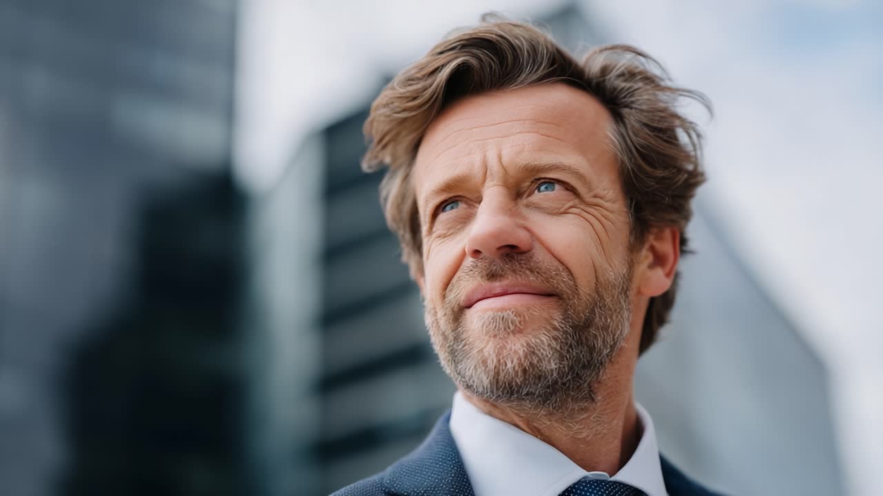 Confident Businessman with a Thoughtful Expression Standing Against a Modern Urban Backdrop, Exuding Professionalism and Leadership Qualities