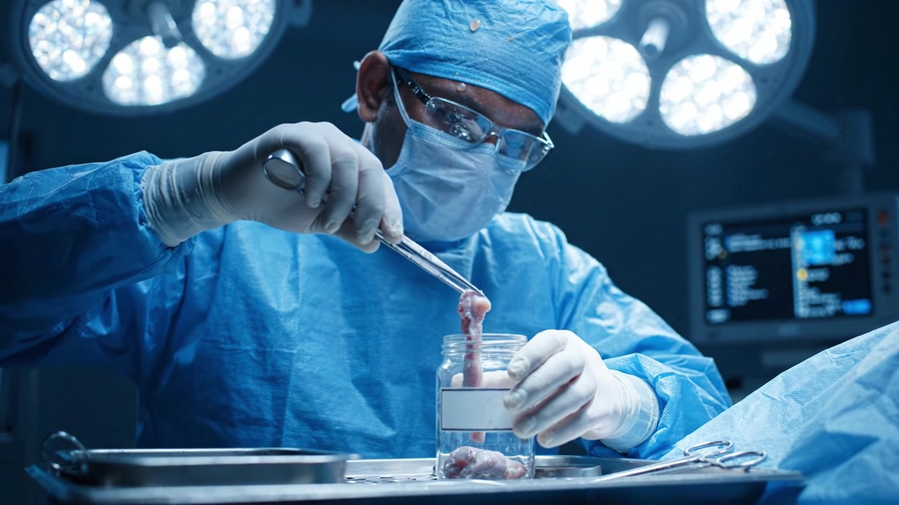 Chirurg provádějící delikátní chirurgický zákrok, opatrně manipulující se vzorky tkáně s precizností v prostředí sterilního operačního sálu.