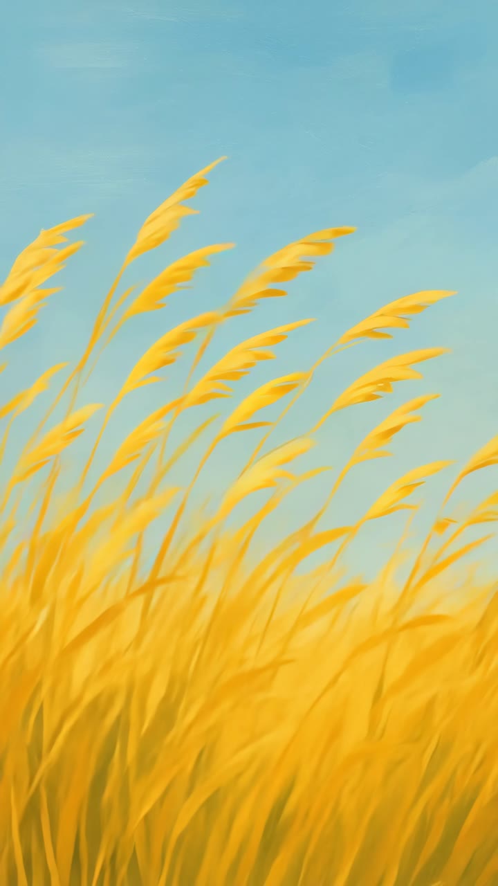 Low-angle view of golden wheat swaying against a clear blue sky, capturing a serene, cinematic