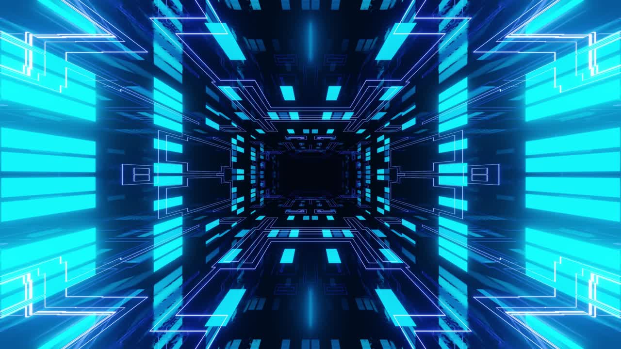 4k seamless looped animation. Fly through mirror symmetrical tunnel with neon pattern, sci fi glow pattern. Bright reflection neon light. Simple bright background, sci fi structure