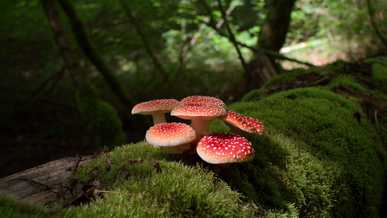 Red Toadstools On Mossy Log In Dim Forest Canopy, Cinematic Low Light Revealing Red Caps And White Spots,