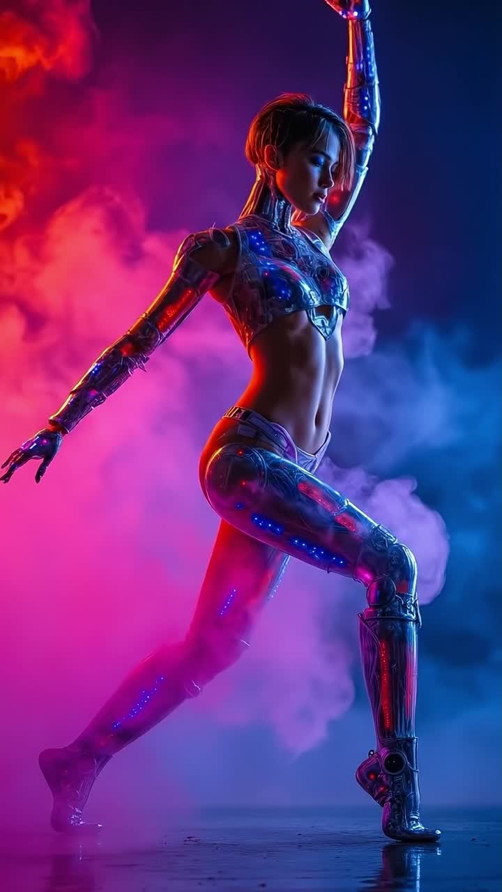 Neon-lit cybernetic dancer with glowing robotic limbs performing energetically