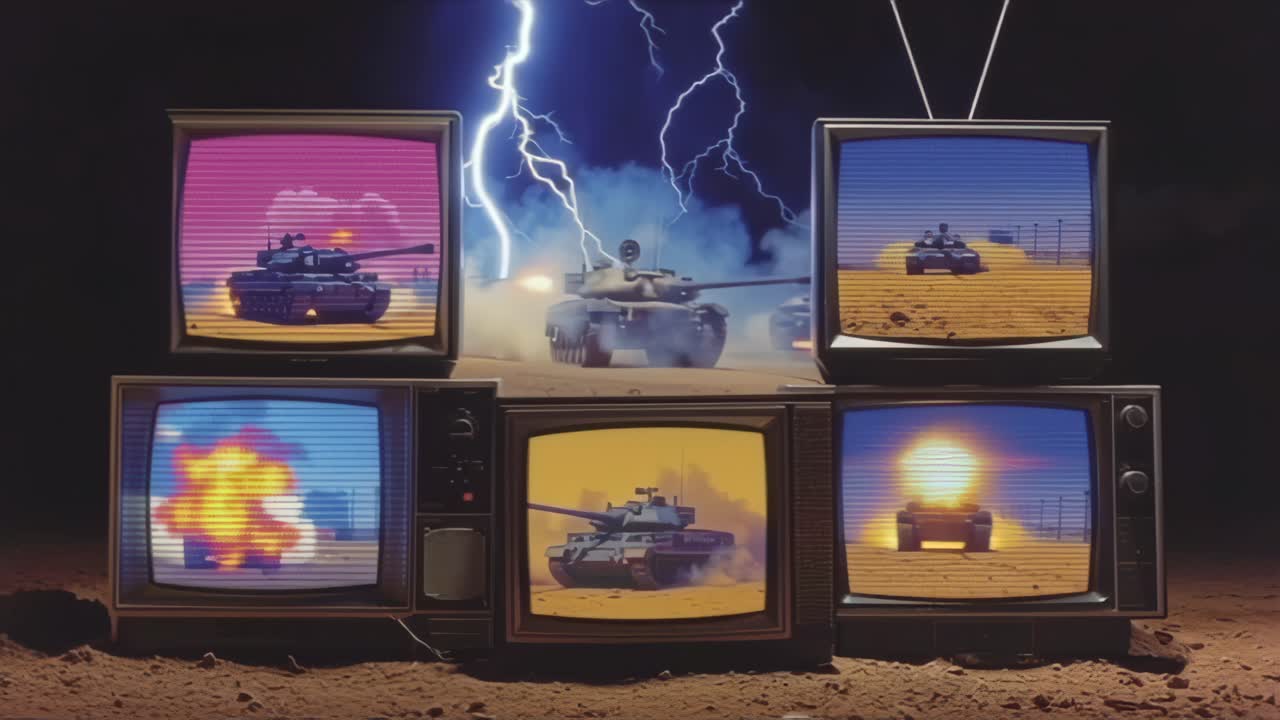 Konseptuaalinen sota-aiheinen kuvamateriaali, jossa taistelupanssarivaunuja aavikkoruuduilla pinottujen vintage-televisioiden poikki, dramaattisen ukkosmyrskyn taustalla, symboloiden mediaa, konfliktia ja propagandaa.