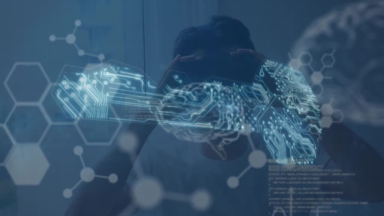 Animasjon av databehandling og nettverk av forbindelser over gutt med VR-briller
