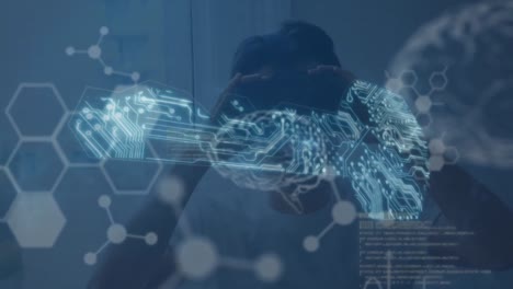 Animation of data processing and network of connections over boy wearing vr headset