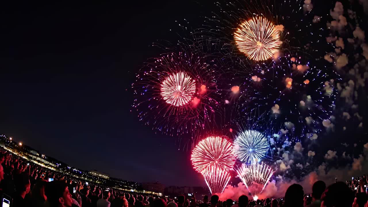 Wide-angle video capturing vibrant fireworks against a night sky, showcasing a panoramic view