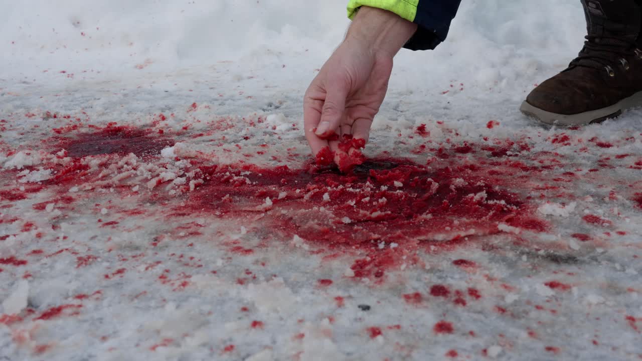 persona toca la nieve sangrienta con la mano desnuda en la escena de un accidente de tráfico, 60 fps
