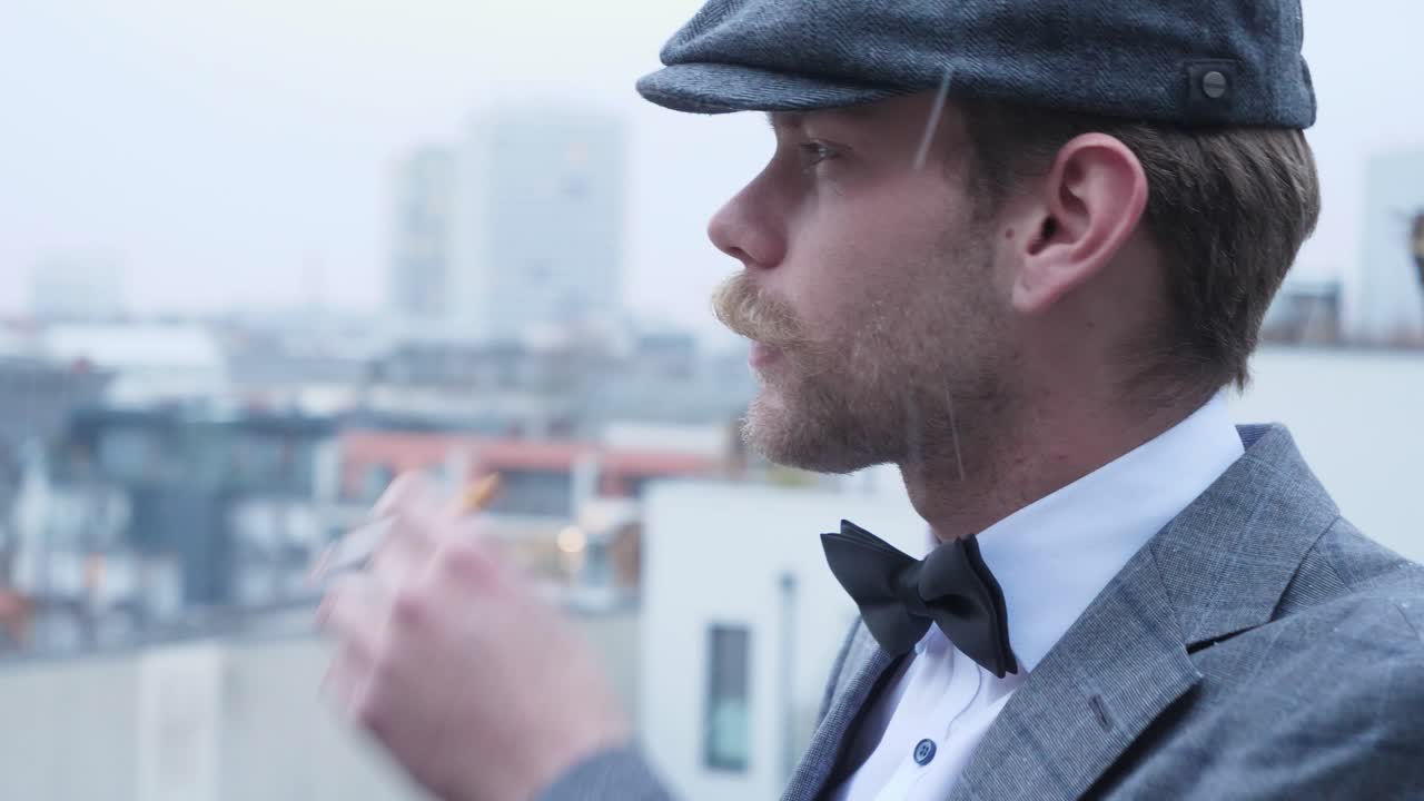 인상적인 콧수염을 가진 잘 어울리는 남자가 담배를 피우고 다른 사람과 이야기합니다.