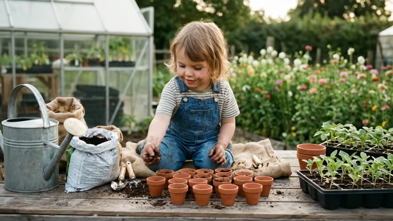 Niño pequeño plantando feliz semillas en macetas pequeñas en un jardín