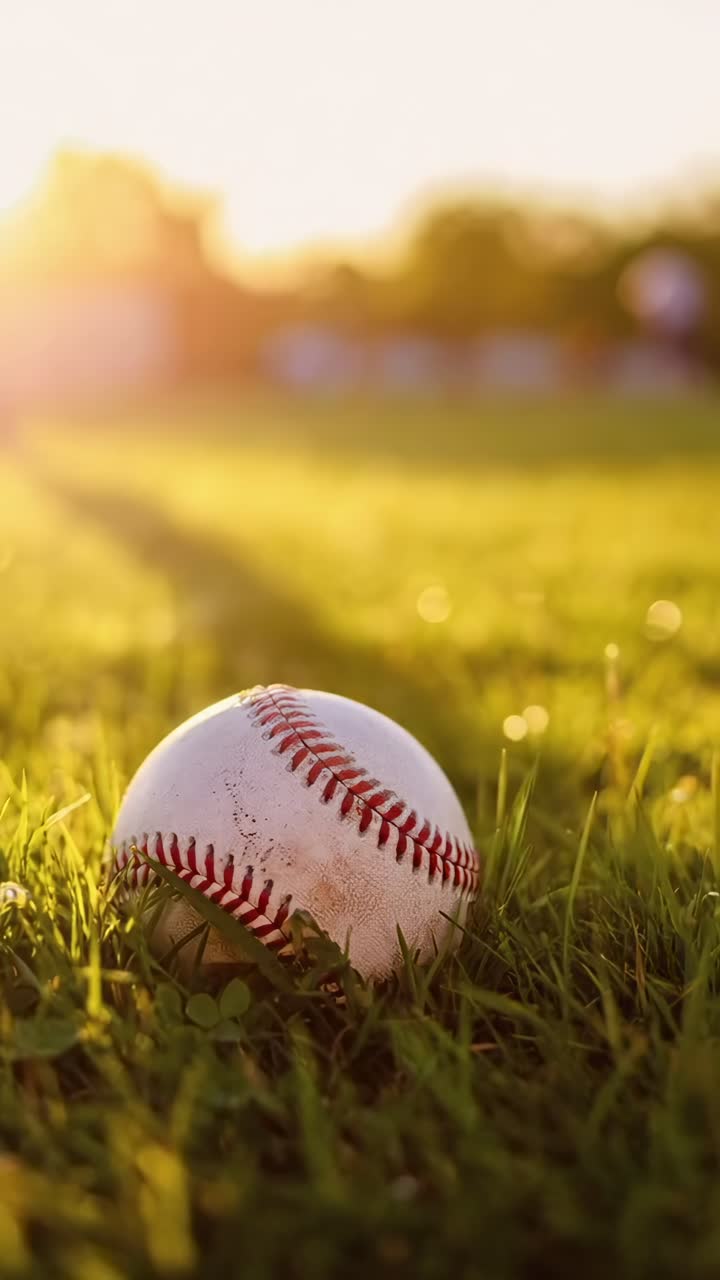 Ripresa dal basso di una palla da baseball sull'erba al tramonto, che cattura un'atmosfera video cinematografica.