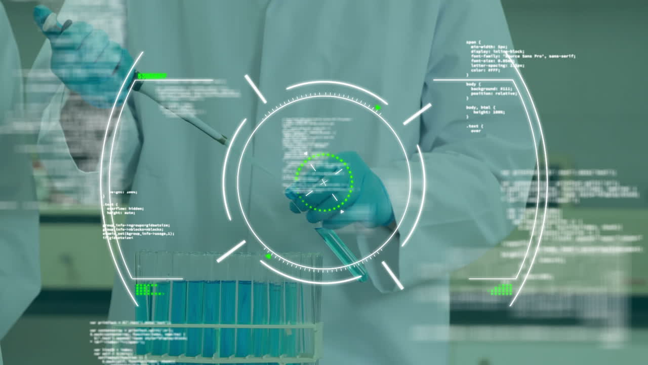 animación del procesamiento de datos científicos sobre un científico masculino en el laboratorio