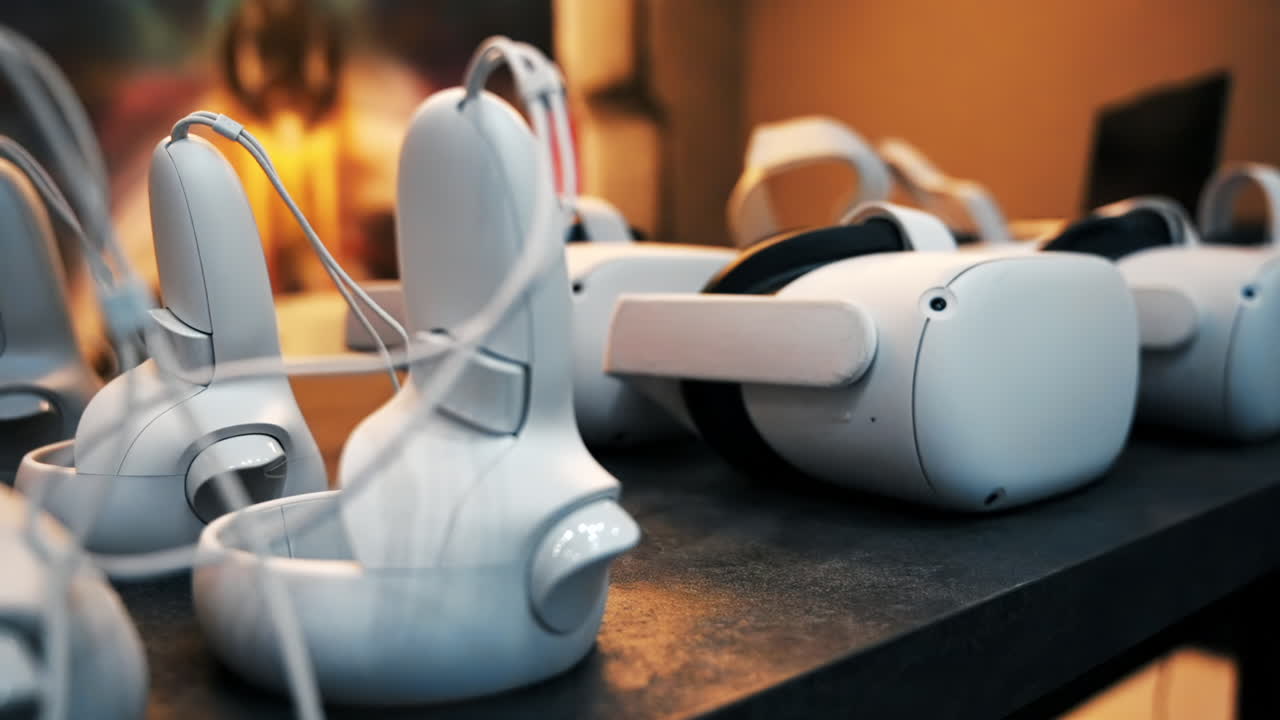 Close view of multiple white VR controllers and headsets on a table. Slow motion