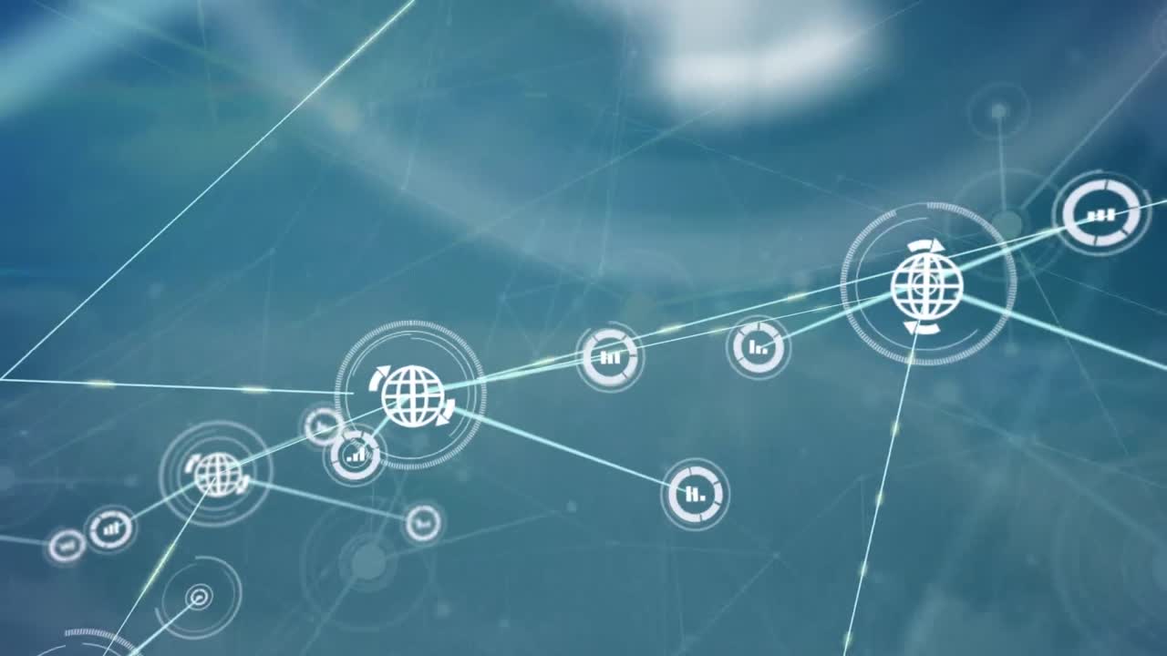 animación de la red de conexiones de la placa de circuitos con iconos digitales