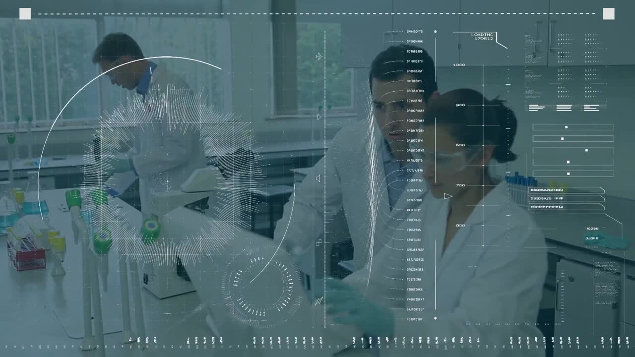 animación del procesamiento de datos científicos sobre diversos científicos en el laboratorio
