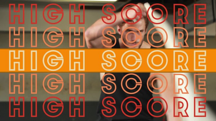Animation of high score text in repetition with orange stripe over man exercising with battle ropes